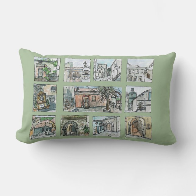 Italian Village Views in Green Lumbar Pillow (Front)