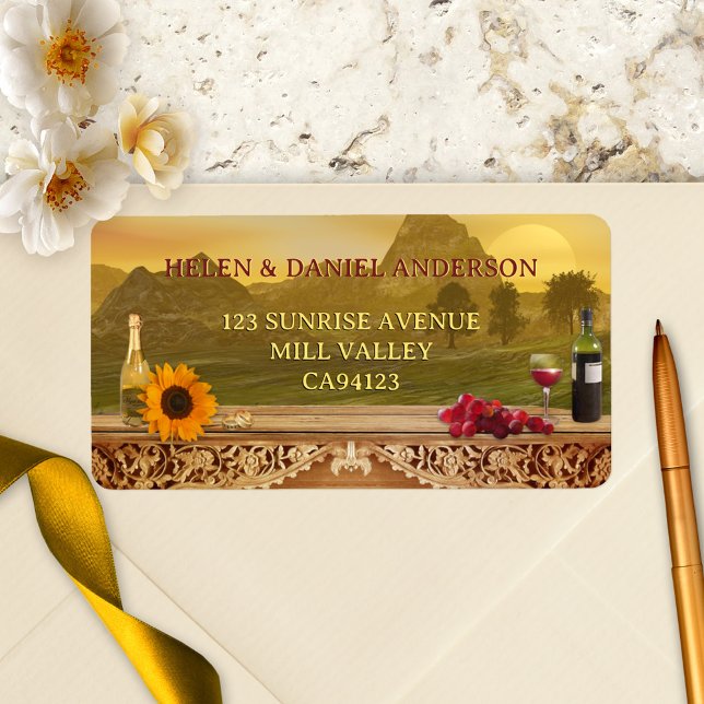 Italian Vineyard Fall Wedding Address Label (Wedding address label featuring a painting of a Tuscan Italian landscape with wine and grapes)
