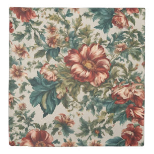 Italian Vintage Opulent Red Flowers and Leaves Duvet Cover