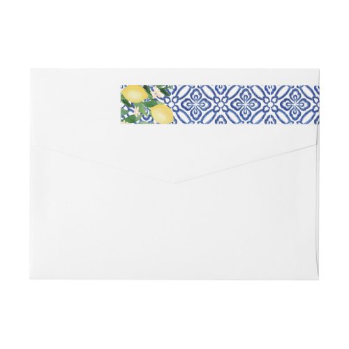 Italian Watercolor Lemons Blue White Bridal Shower Wrap Around Label