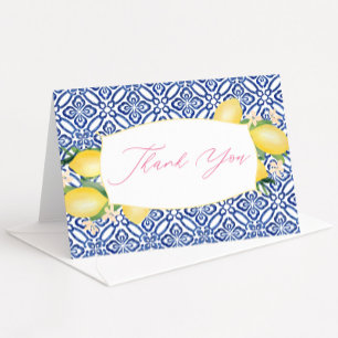 Italian Watercolor Lemons Blue White Tiles Pattern Letterpress Thank You Card