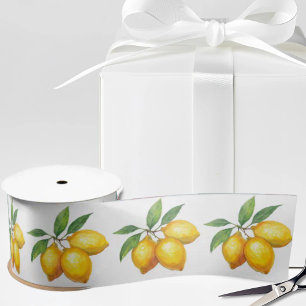 Italian Watercolor Lemons on White Satin Ribbon
