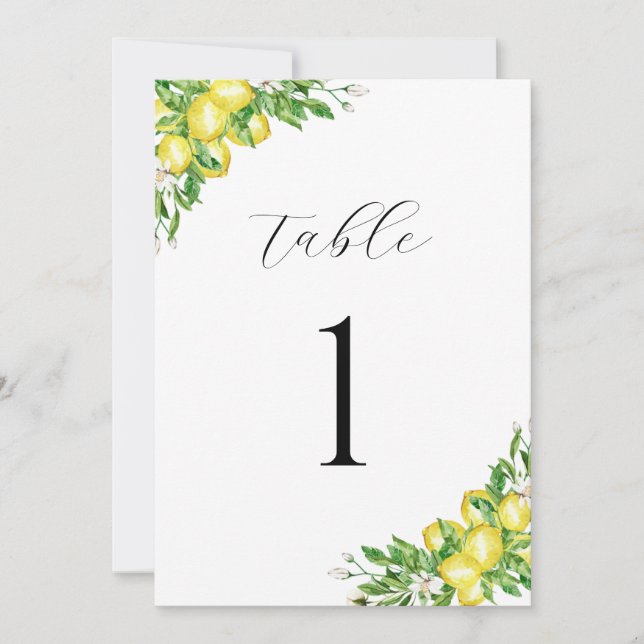 Italian Watercolor Lemons Wedding Table Number (Front)