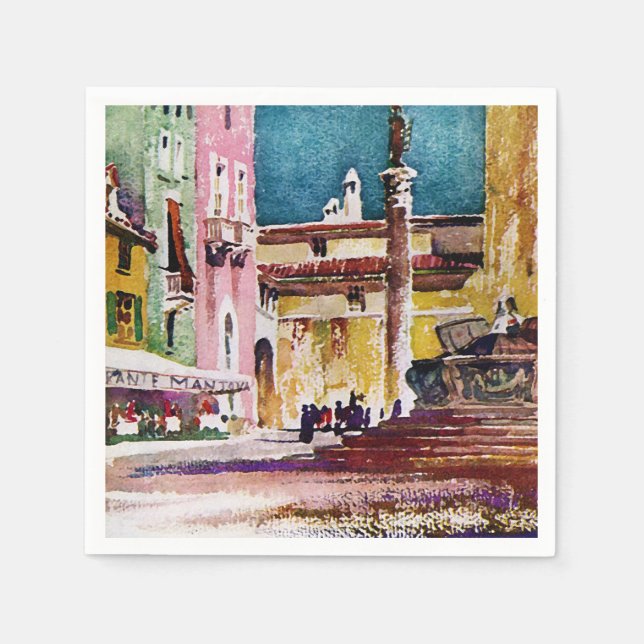 Italian Watercolor Piazza Paper Napkins (Front)