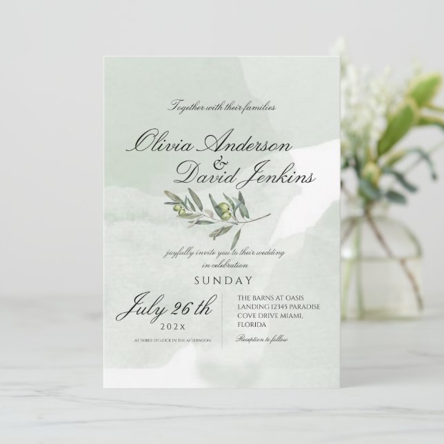 Italian Wedding Garden Script Watercolor Olive Invitation (Standing Front)
