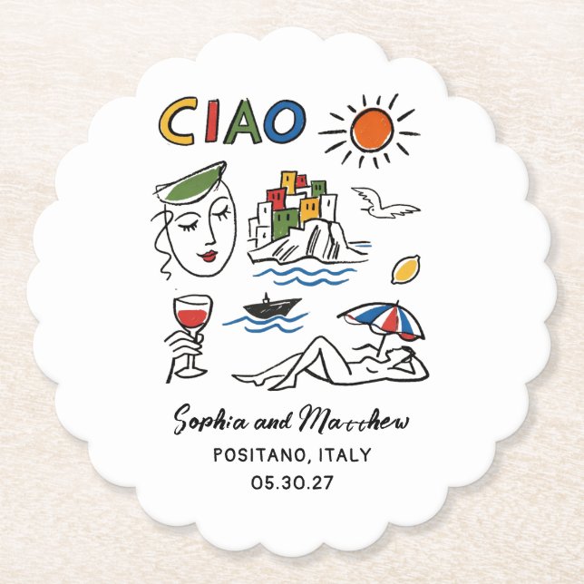 Italian Wedding Hand Drawn Amalfi Coast Modern  Paper Coaster (Front)