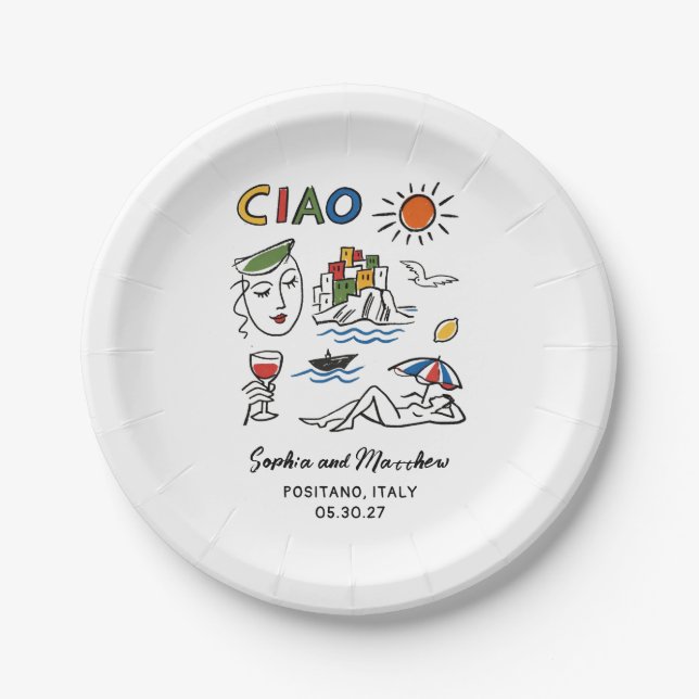 Italian Wedding Whimsical Hand Drawn Amalfi Coast  Paper Plates (Front)