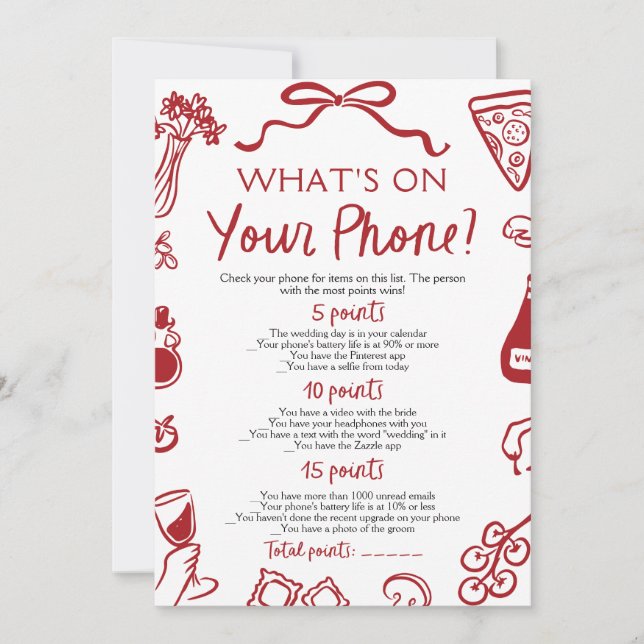 Italian What's On Your Phone Bridal Shower Game Invitation (Front)