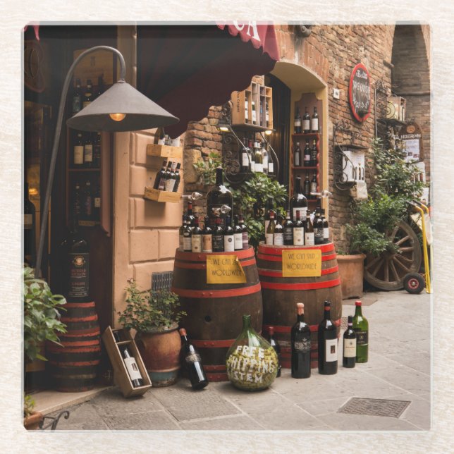 Italian Wine Shop in Montepulciano, Tuscany Glass Coaster (Front)