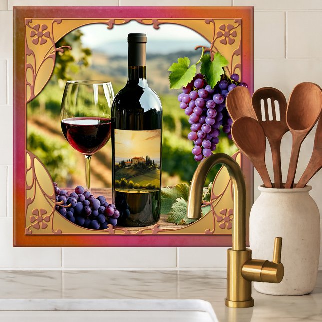 Italian Wine Themed Tuscan Ceramic Tile (Tile featuring a classic design with a bottle of wine and Italian landscape scenes and grapes)
