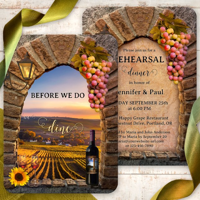 Italian Winery Vineyard Rehearsal Dinner Invitation (Classic Italian Rehearsal Dinner invitation featuring a Roman arch with wine overlooking a vineyard)
