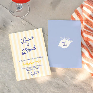 Italian Yellow & Blue Striped Lemon Wedding  Invitation