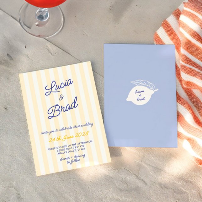 Italian Yellow & Blue Striped Lemon Wedding  Invitation (Italian Yellow & Blue Striped Lemon Wedding Invitation)