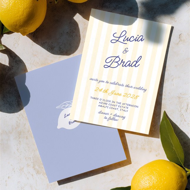 Italian Yellow & Blue Striped Lemon Wedding  Invitation (Italian Yellow & Blue Striped Lemon Wedding Invitation)