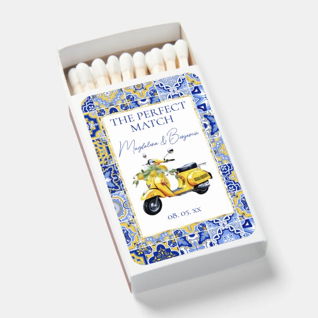Italian Yellow Blue Tiles Scooter Lemons Wedding Matchboxes (Front Open)