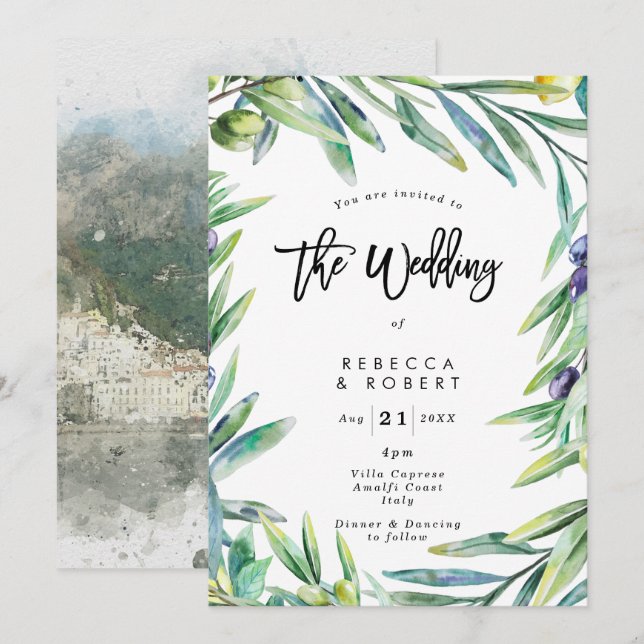 Italy Amalfi olives modern wedding invitation (Front/Back)
