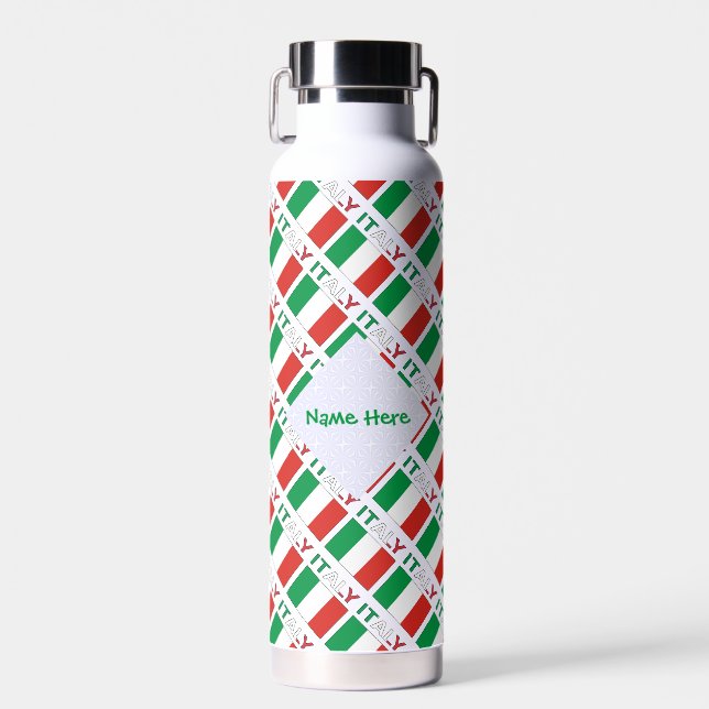 Italy and Italian Flag Tiled Green Personalization Water Bottle (Front)