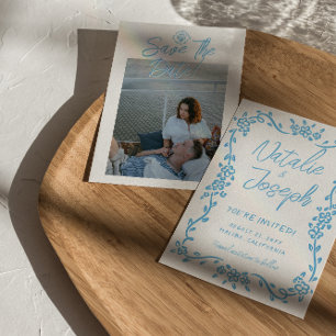 Italy Blue Hand Drawn Mediterranean Photo Wedding Save The Date