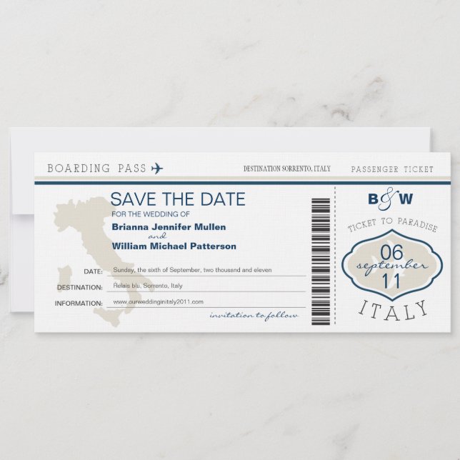 Italy Boarding Pass Save the Date (Front)