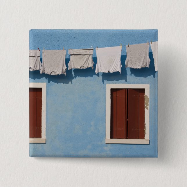 Italy, Burano. Hanging laundry and windows along Pinback Button (Front)