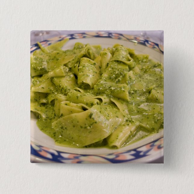 Italy, Camogli. Plate of pasta with pesto Pinback Button (Front)