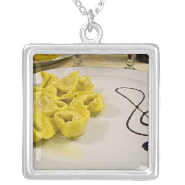 Italy, Cento. A plate of cheese tortellini Silver Plated Necklace (Front)