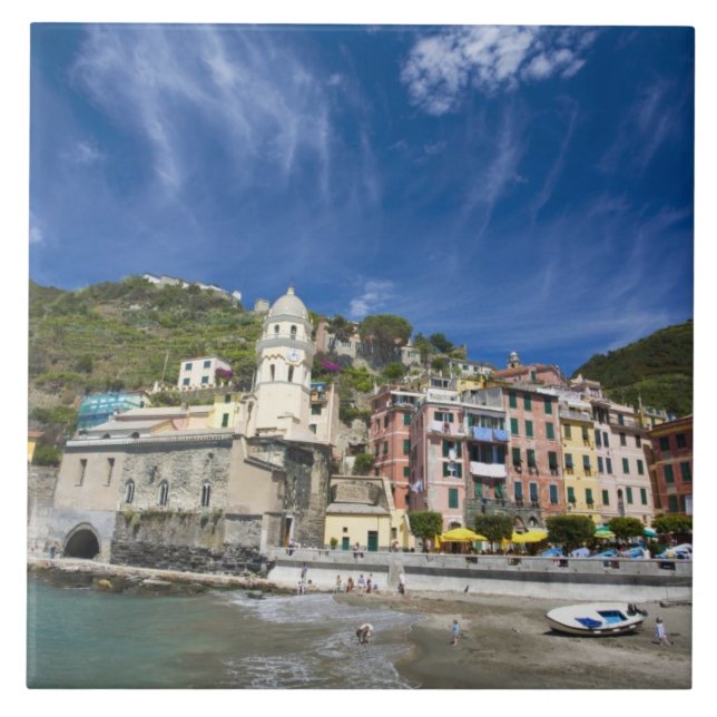 Italy, Cinque Terre, Vernazza, Harbor and Church 2 Ceramic Tile (Front)
