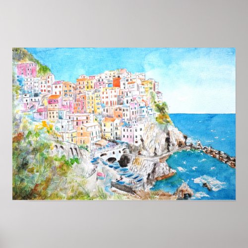 Italy Cinque Terre watercolor painting Poster
