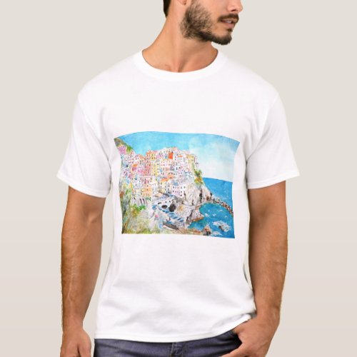 Italy Cinque Terre watercolor painting T_Shirt