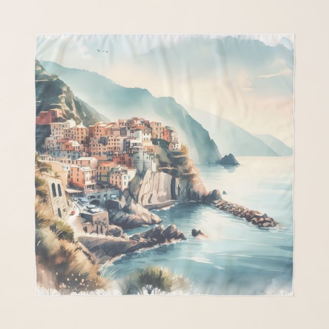 Italy coastline ladscape vacation blue white beige scarf (Front)