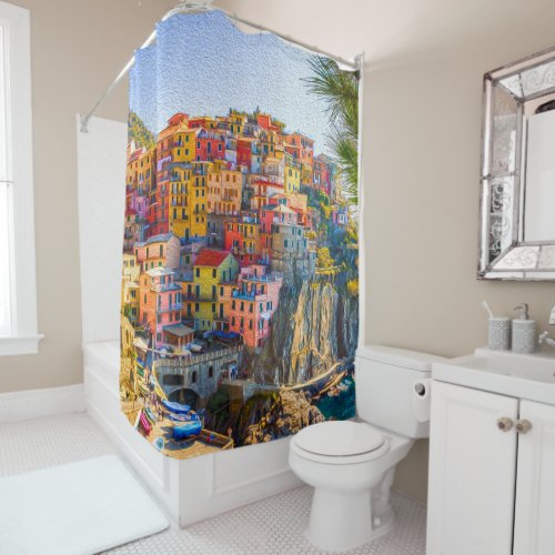 Italy Colorful Sea Houses Painting Shower Curtain