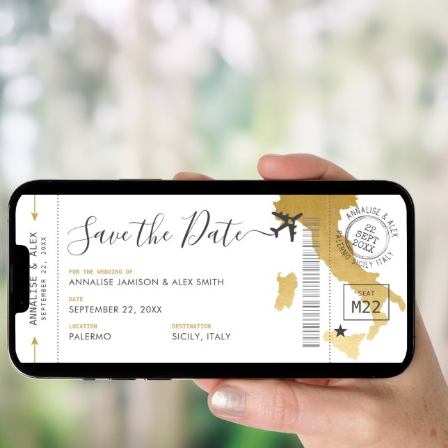 Italy Destination Boarding Pass Save the Date Gold Invitation (Front Digital)