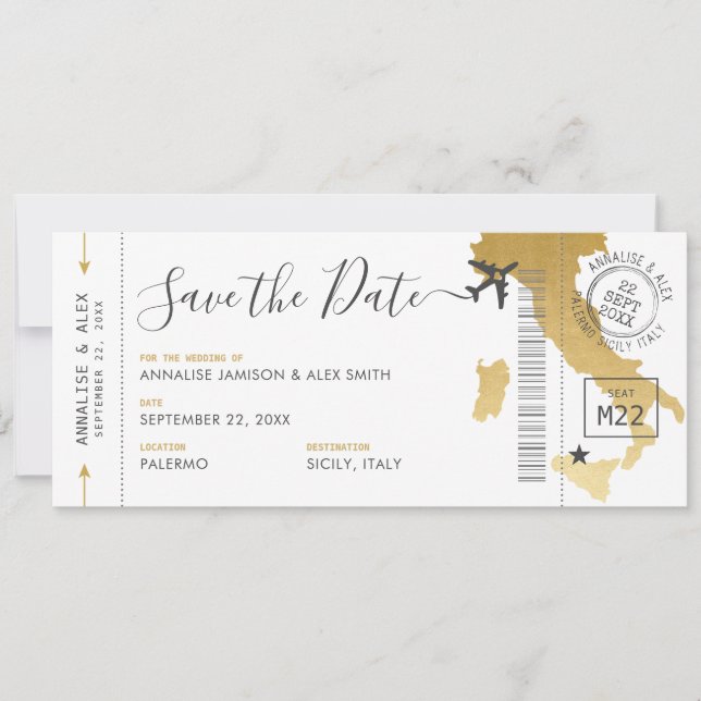 Italy Destination Boarding Pass Save the Date Gold Invitation (Front)