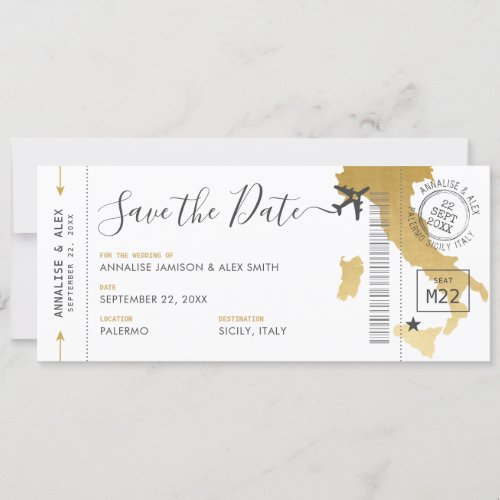 Italy Destination Boarding Pass Save the Date Gold Invitation