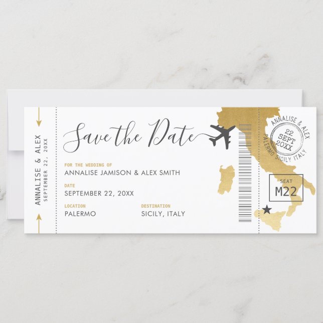 Italy Destination Boarding Pass Save the Date Gold Invitation (Front)