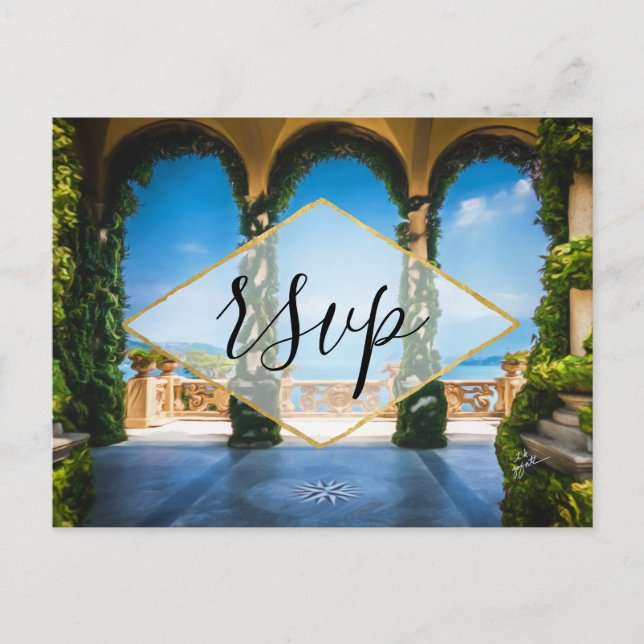 Italy Elegant Blue Green Gold RSVP Enclosure Invitation Postcard (Front)