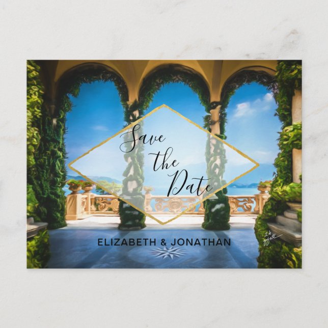 Italy Elegant Blue Green Gold Save The Date Announcement Postcard (Front)