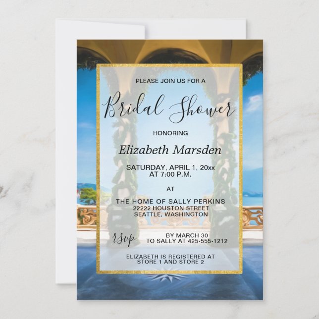 Italy Elegant Gold Blue Green Bridal Shower Invitation (Front)