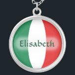 Italy Flag Name Necklace<br><div class="desc">The design for this attractive pendant features a name overlying the Italian flag, which has been neatly morphed to fit the round shape. The featured name can be changed to any name or text of your choice, creating a personalized gift for someone who loves Italy.
© 2011 FlagAndMap</div>