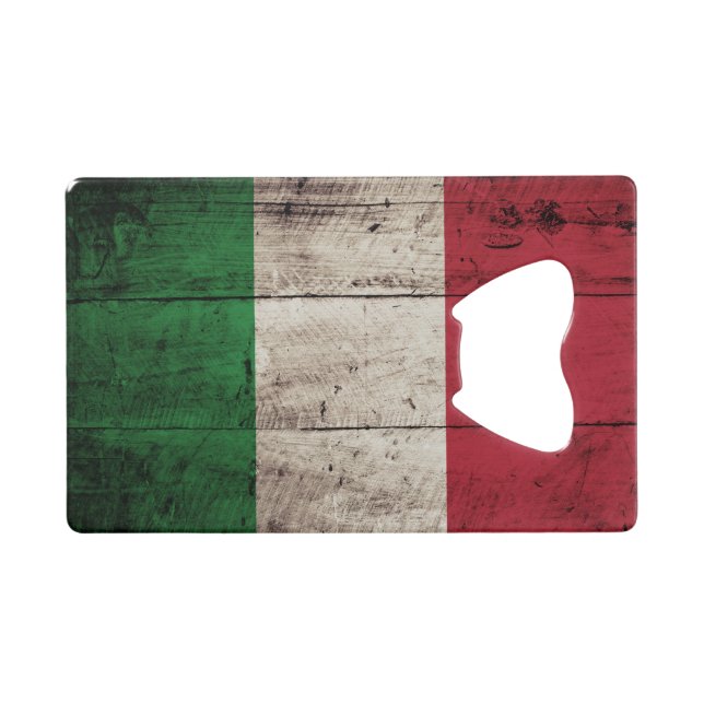 Italy Flag on Old Wood Grain Credit Card Bottle Opener (Front (Horizontal))