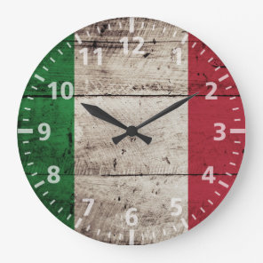 Italy Flag on Old Wood Grain Large Clock