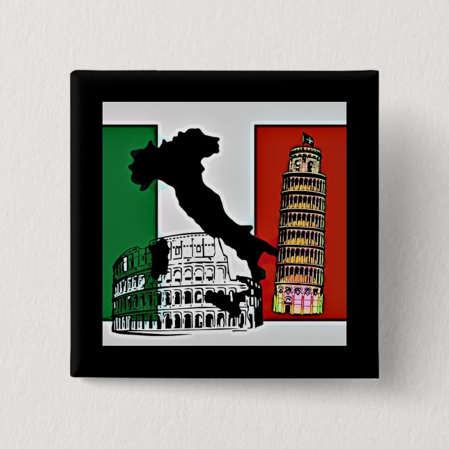 Italy - Flag, Silhouette, Tower, and Colosseum Button (Front)