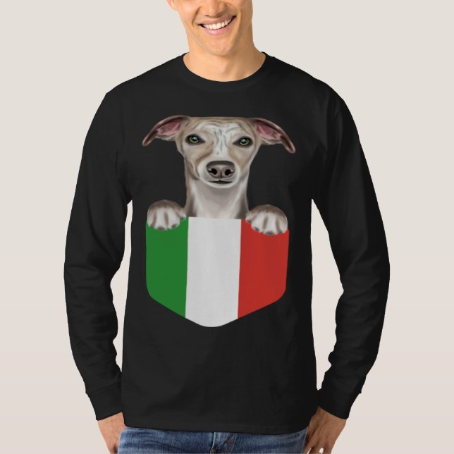 Italy Flag Whippet Dog In Pocket T-Shirt (Front)