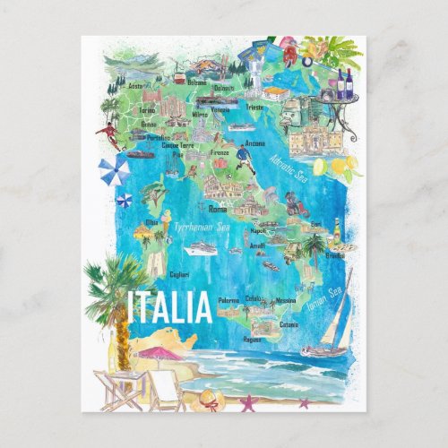Italy Illustrated Travel Map Postcard
