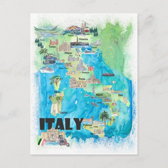Italy Illustrated Travel Map  Postcard (Front)
