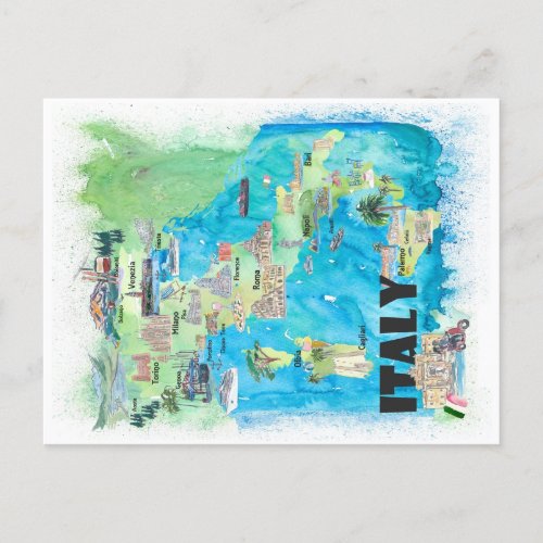 Italy Illustrated Travel Map  Postcard