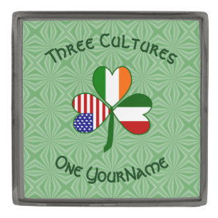 Italy Ireland USA Shamrock Personalized Text Gunmetal Finish Lapel Pin