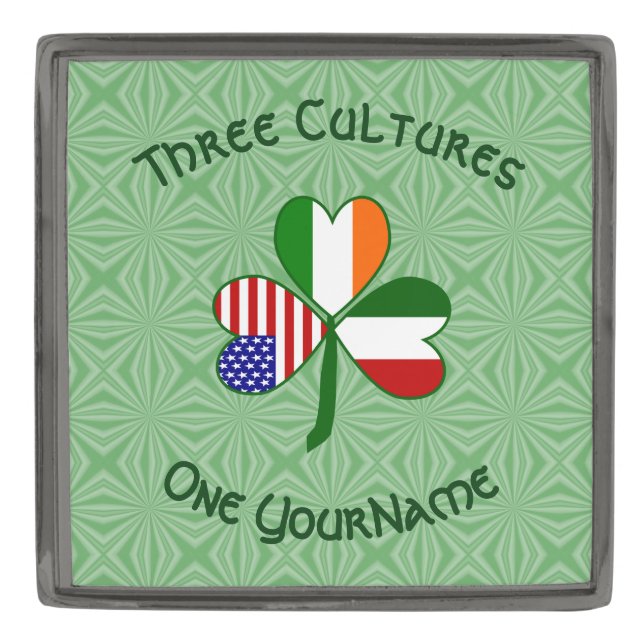Italy Ireland USA Shamrock Personalized Text  Gunmetal Finish Lapel Pin (Front)