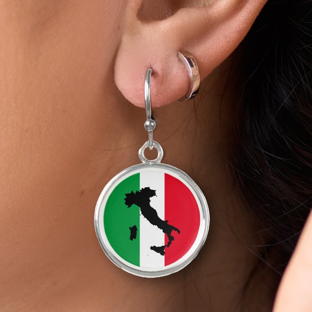 Italy Italian Flag Red White Green Italia Map Earrings (Italy Italian flag map round silver drop earrings)