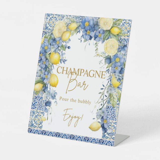 Italy Lemon Blue Tiles Bubbly Champagne Bar Sign (Front)